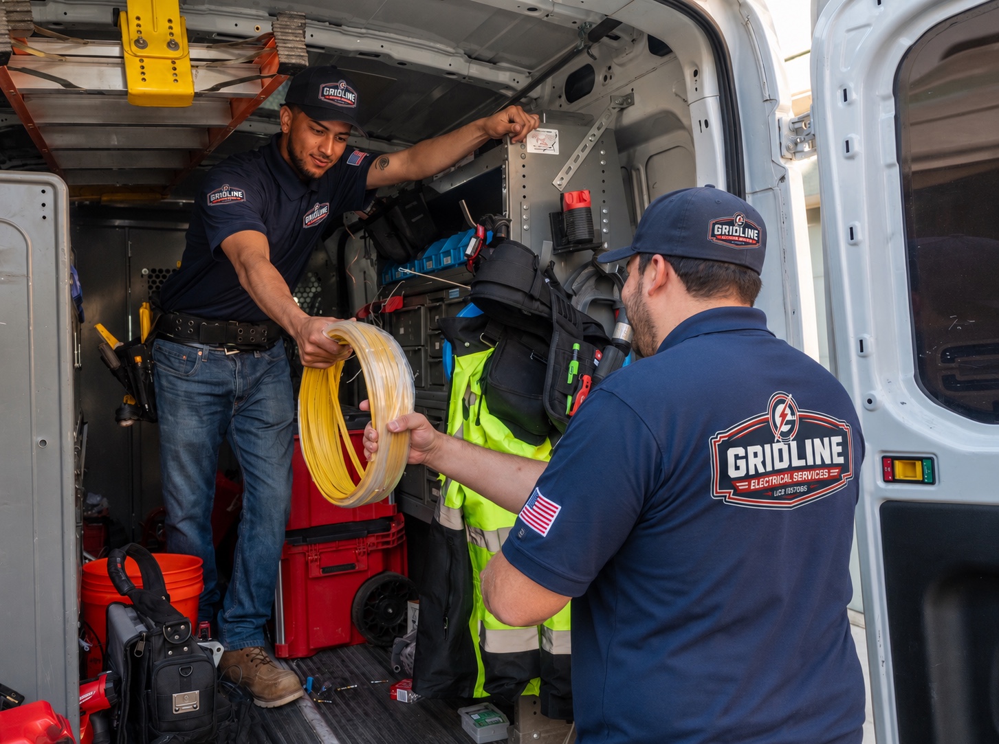 Gridline electricians preparing equipment from a service van